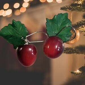 Lucite drop dangle Cherry and Leaf French Back Earrings